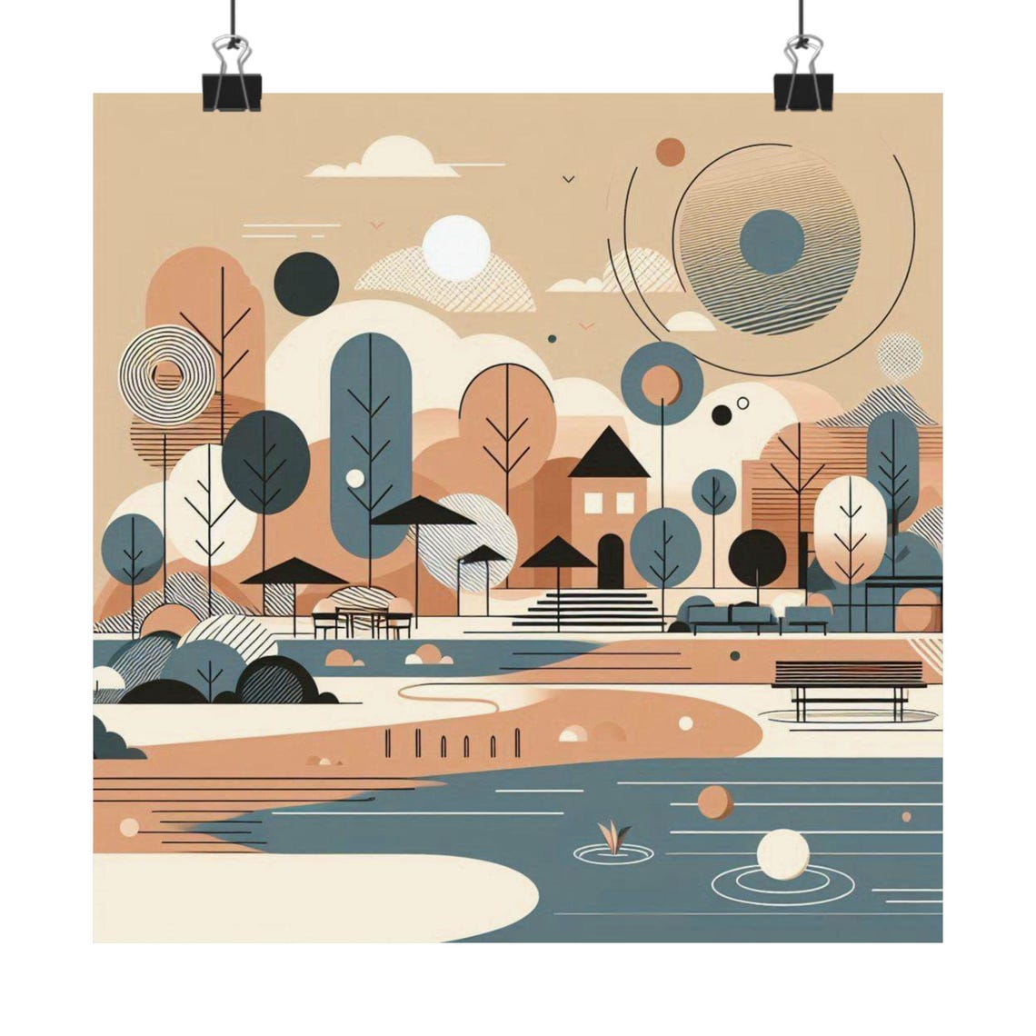 Geometric Abstract Park by the Lake in Warm Earth Tones Poster - Image 7