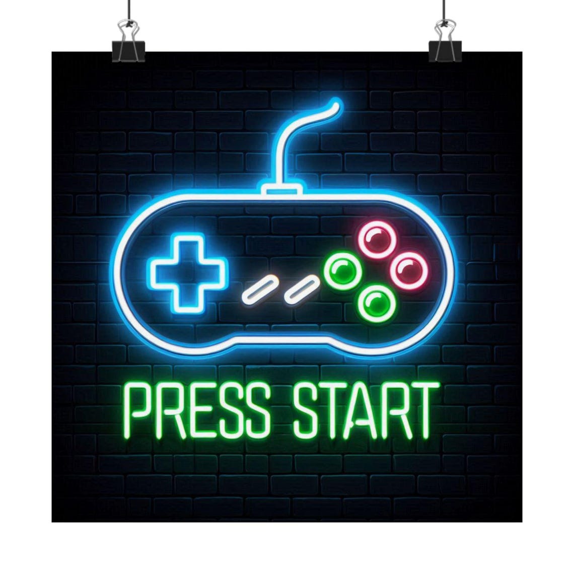 Glowing Neon Game Controller with Green Press Start Text Poster