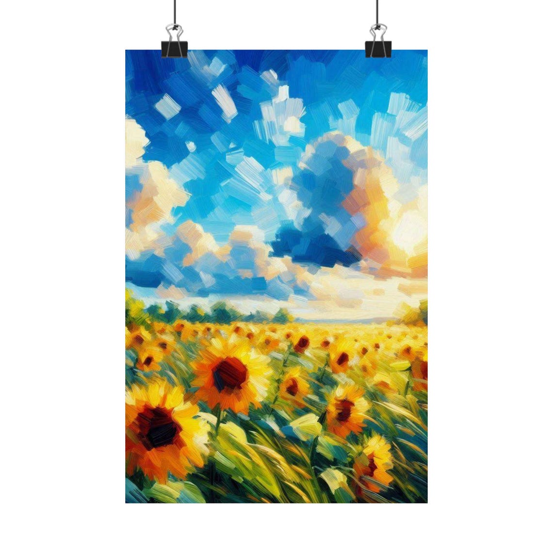 Sunflower Field Under a Bright Blue Sky Impressionist Poster