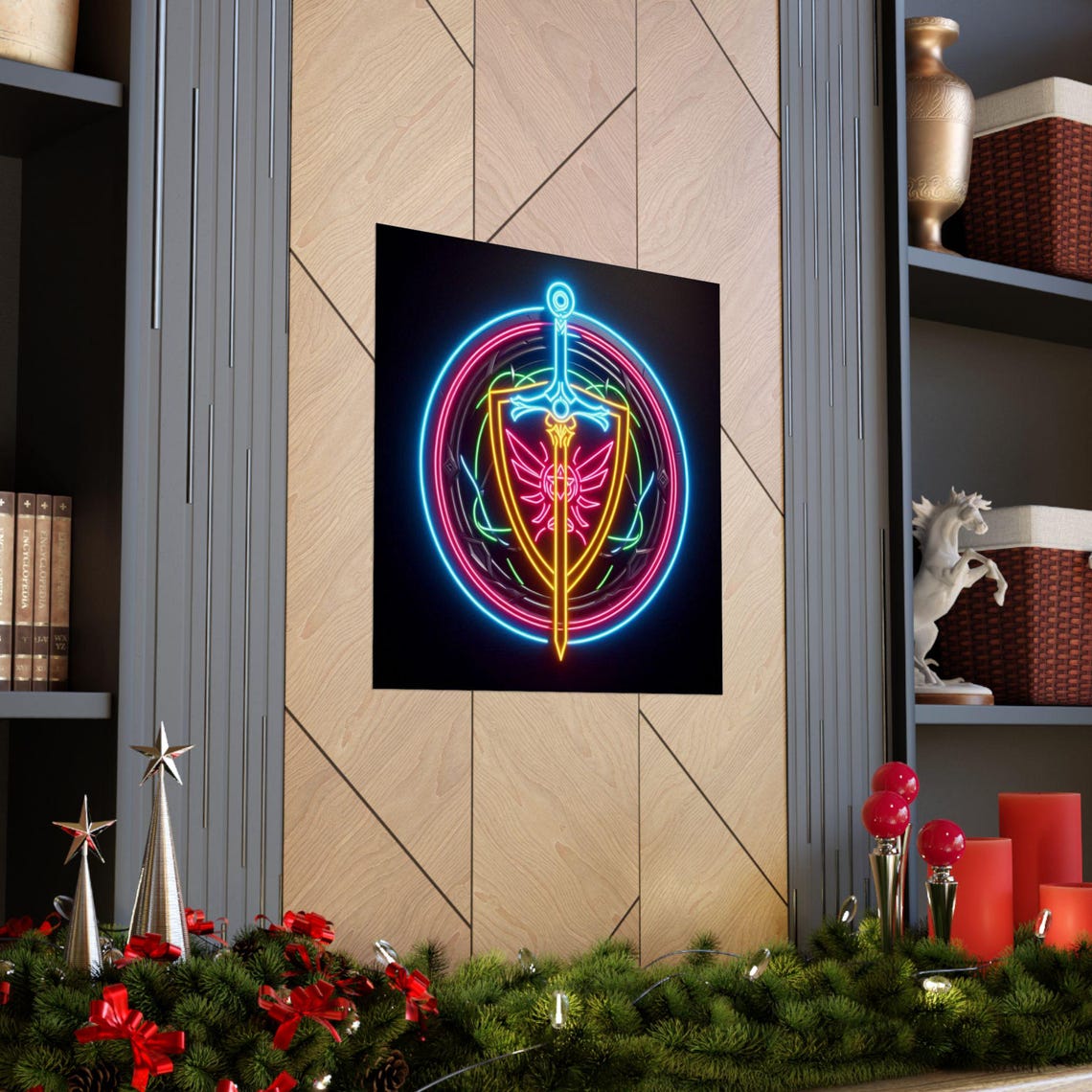Glowing Neon Sword and Shield Fantasy Emblem on Black Poster - Image 5