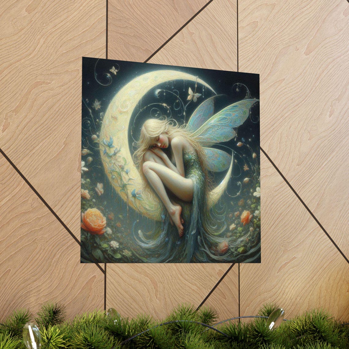 Fairy Sleeping Curled on Crescent Moon Night Sky Fantasy Art Poster - Image 5