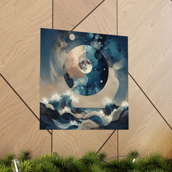 Serene Ocean Wave Poster Art Abstract Wall Decor Moon Phase Print Coastal Home Decor Nautical Gift Meditation Art