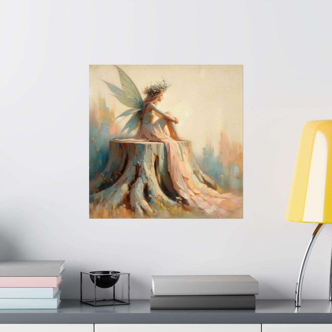 Ethereal Fairy Sitting on a Tree Stump in Misty Light Poster - Image 2