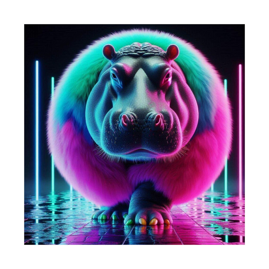 Neon Fluffy Hippo in Cyberpunk Street Style Funny Animal Art Poster - Image 7