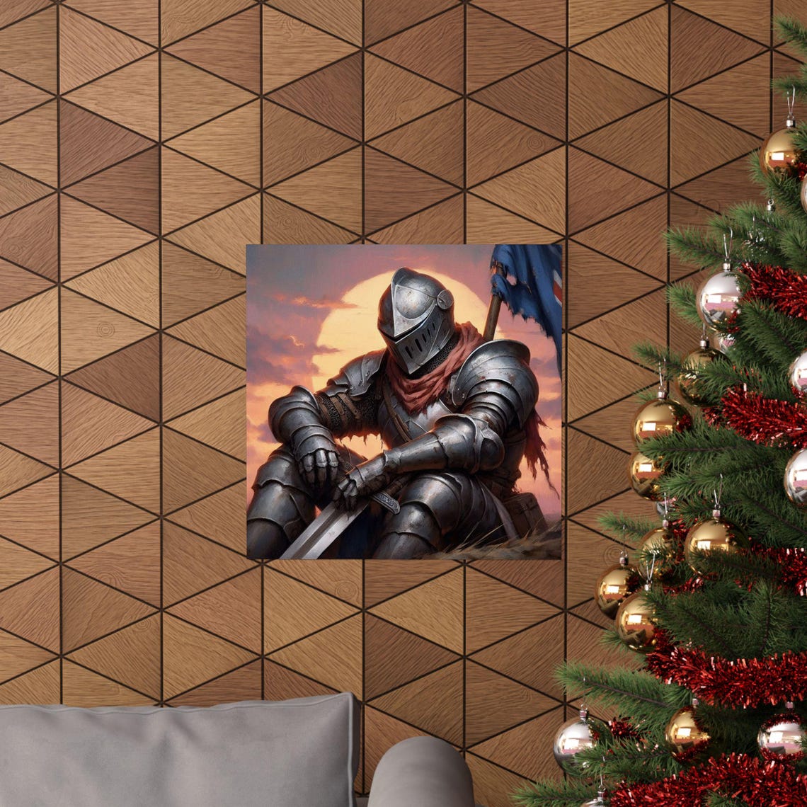 Weary Knight in Armor Kneeling at Epic Sunset Battlefield Poster - Image 6