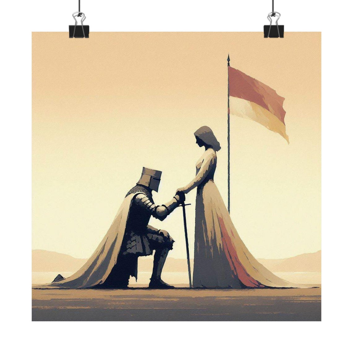 Knight Kneeling Before Lady Medieval Minimalist Fantasy Art Poster