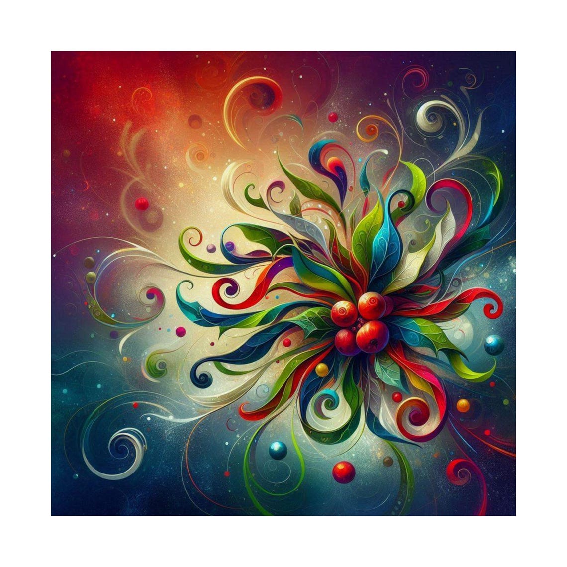 Colorful Floral Swirl with Red Berries Festive Abstract Poster - Image 5