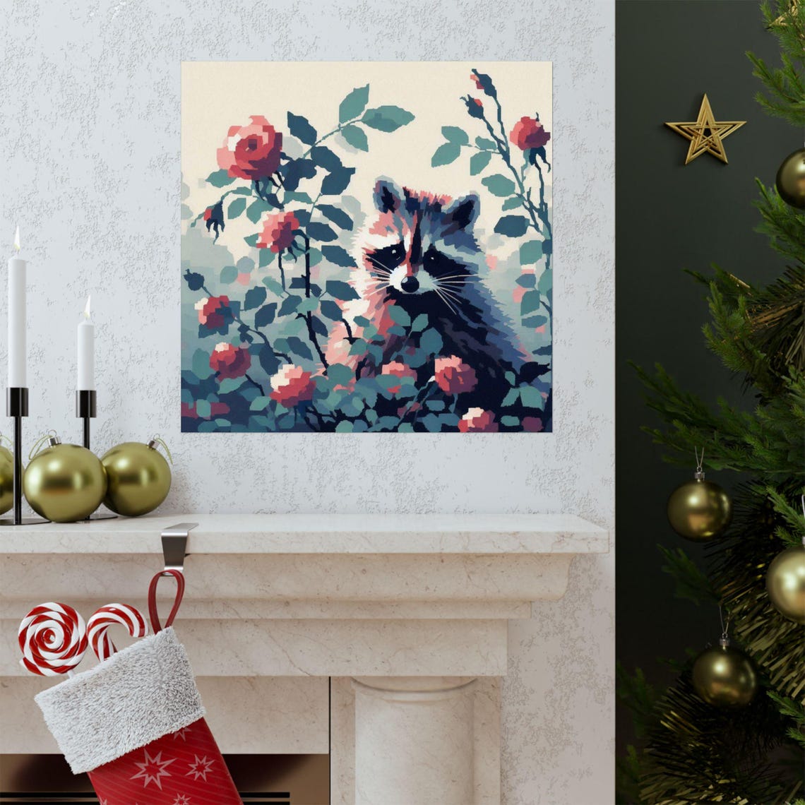 Curious Raccoon Peeking Through Red Rose Blooms Botanical Poster - Image 3