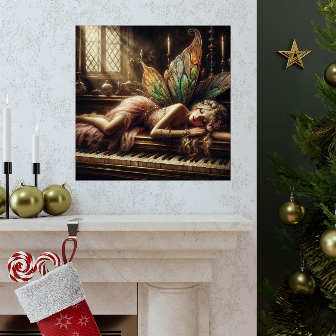 Dreamy Sleeping Fairy With Wings Resting on a Grand Piano Art Poster - Image 3