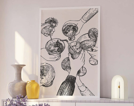 Cheers Cocktail Print Art Cute Black Bar Car Print Neutral Cocktail Bar Art Trendy Kitchen Wall Art