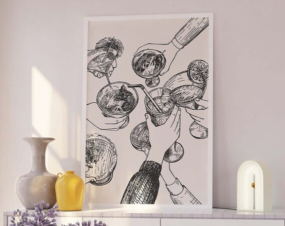 Cocktail Toast Black Line Art Cheers Bar Cart Sketch Art Poster