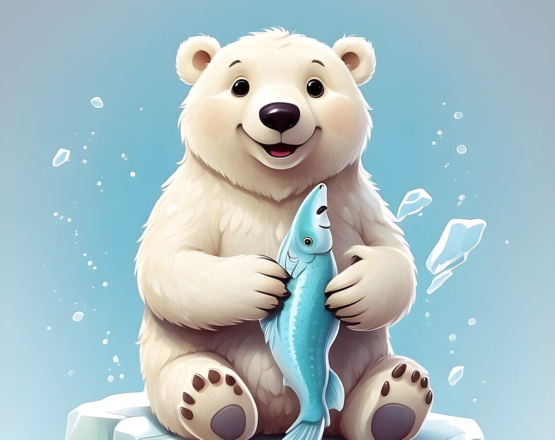 Polar Bear Cub With Fish, Wildlife Art Print