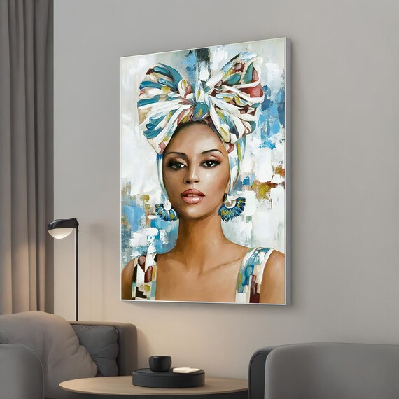 Beauty Woman Colorful Headwrap Portrait Elegant Art Print Decor