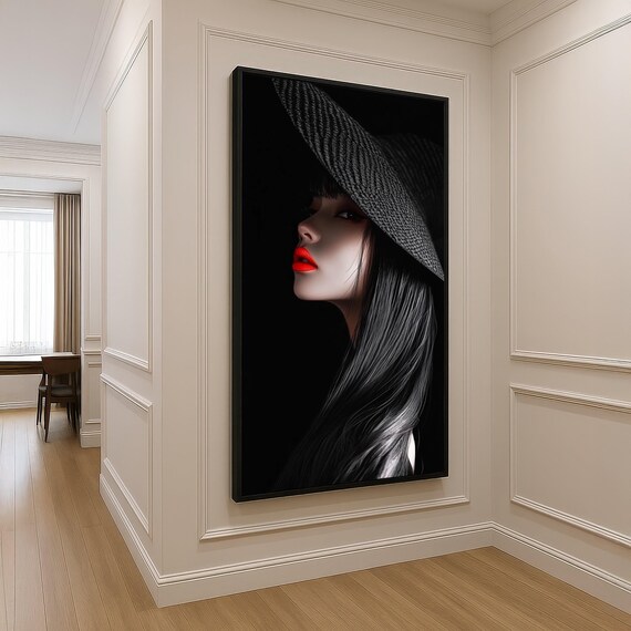 Woman Black Hat Red Lips Dramatic Noir Portrait Elegant Wall Art