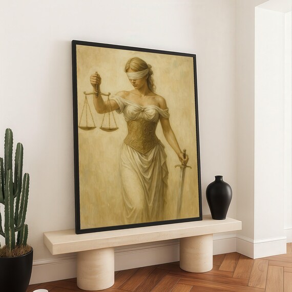 Lady Justice Blindfold Canvas Wall Art Classic Scales And Sword Painting Symbolic Decor Neutral Tones For Home