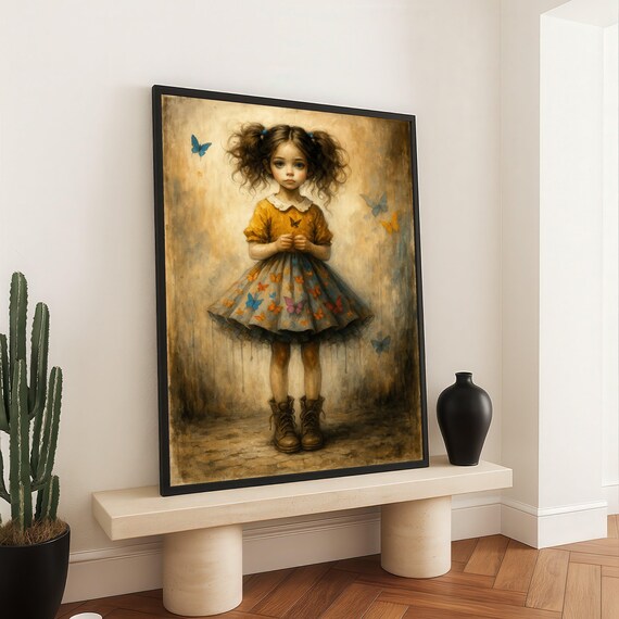 Little Girl With Butterflies Vintage Storybook Dress Art Poster