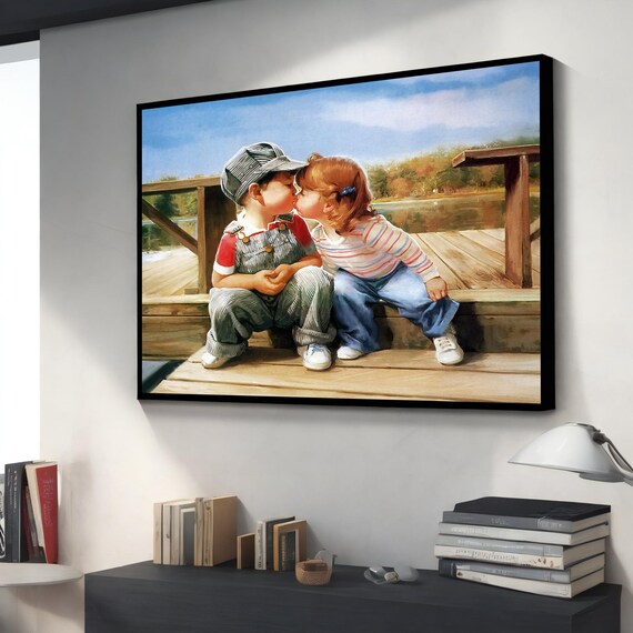 Sweet Childhood Kiss Two Toddlers on Wooden Dock Tender Love Art Poster