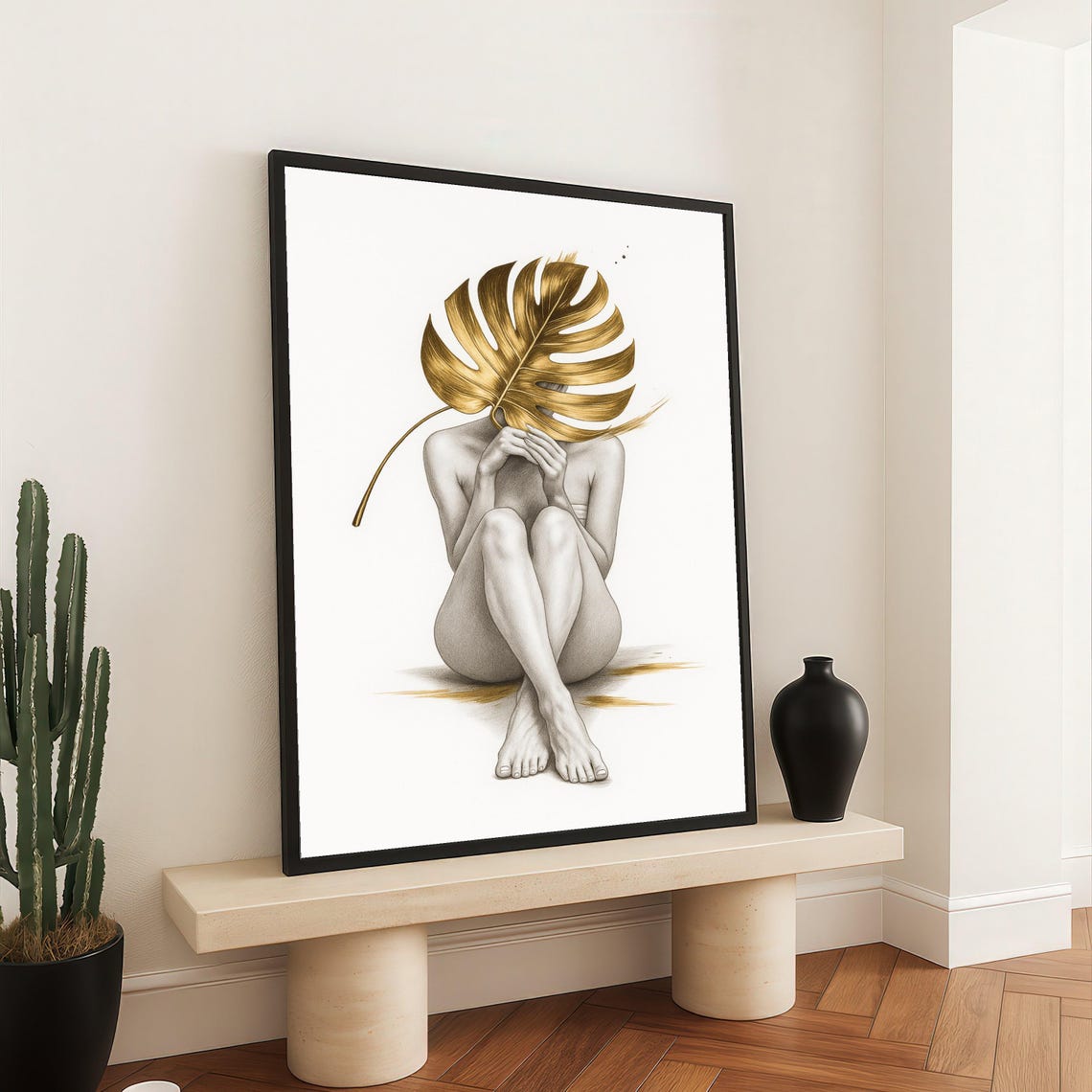 Woman With Golden Monstera Leaf Print Minimalist Seated Figure Artwork