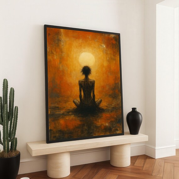 Abstract Meditation Figure Canvas Orange And Black Spiritual Wall Art Modern Contemplative Painting Mindfulness Home Decor Unique