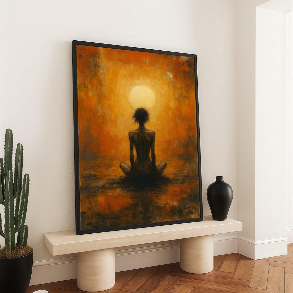 Abstract Meditation Figure Canvas Orange And Black Spiritual Wall Art Modern Contemplative Painting Mindfulness Home Decor Unique