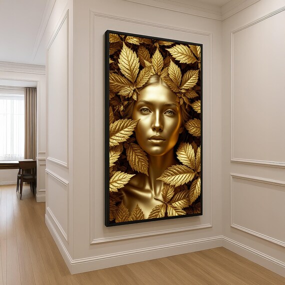 Golden Woman Autumn Leaves Metallic Face Elegant Canvas Art Poster