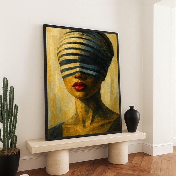 Abstract Woman Portrait Canvas Blindfolded Figure Wall Art Modern Expressionism Painting Bold Red Lips Contemporary Home Decor