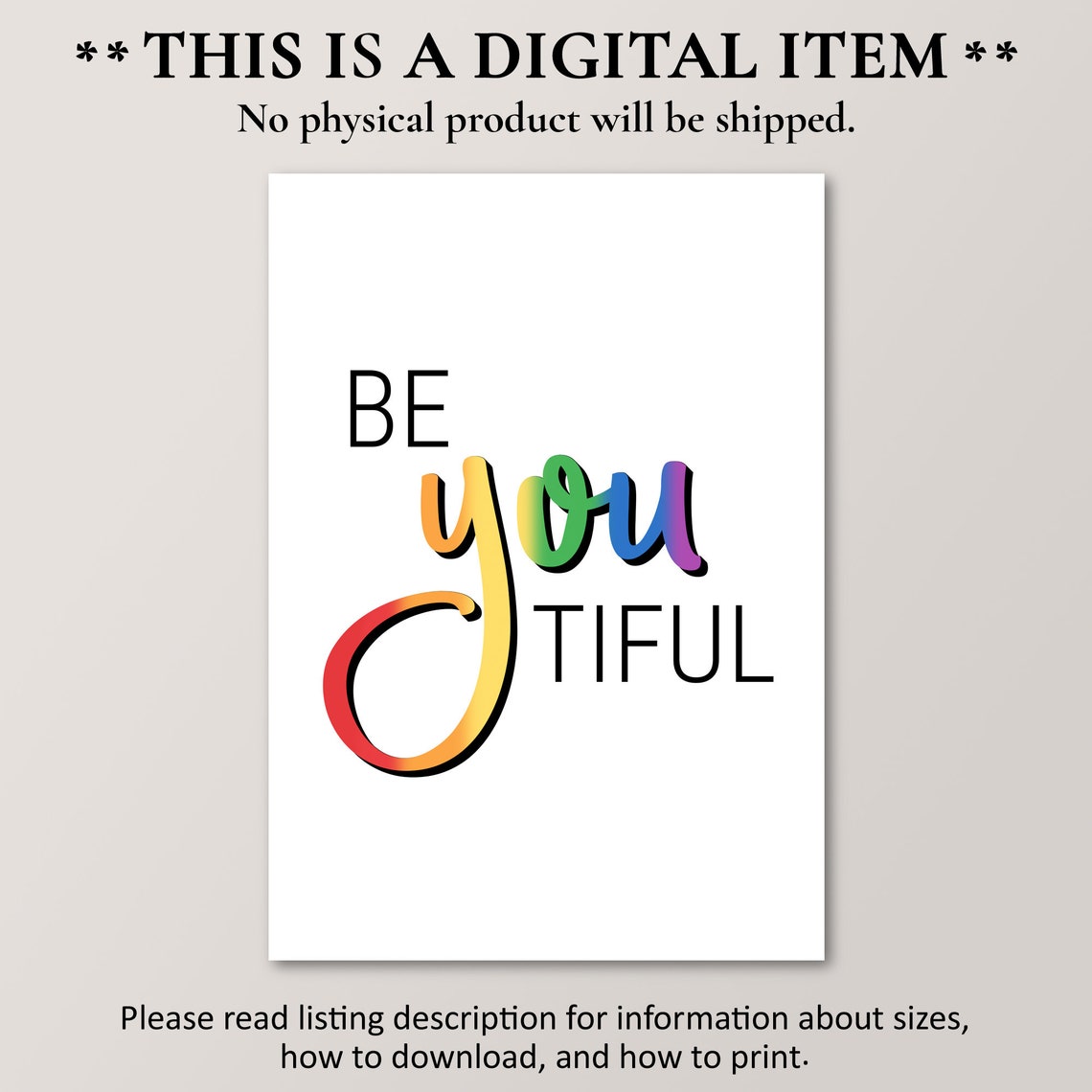 Be You Tiful Rainbow Script Word Art Pride Poster Self Love Gift - Image 2