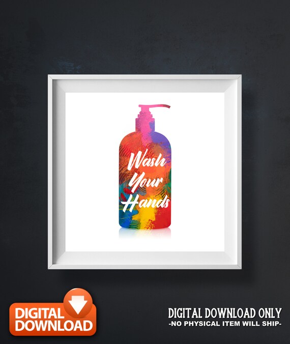Wash Your Hands Colorful Soap Bottle Bathroom Quote Art Poster