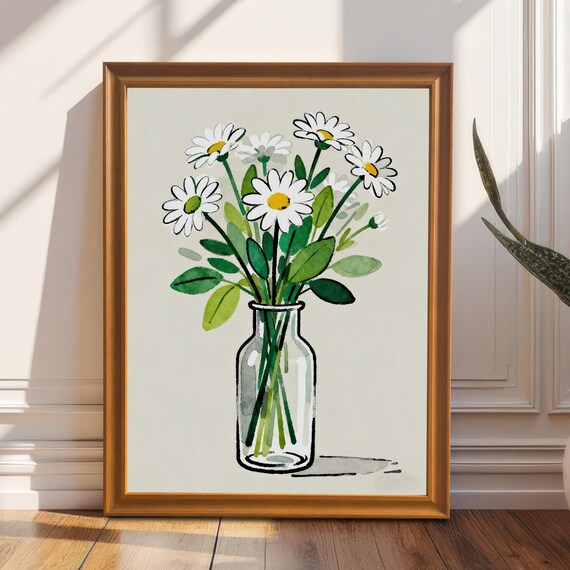 Daisy In Vase Watercolor Poster Delicate Flower Art Painting Decor