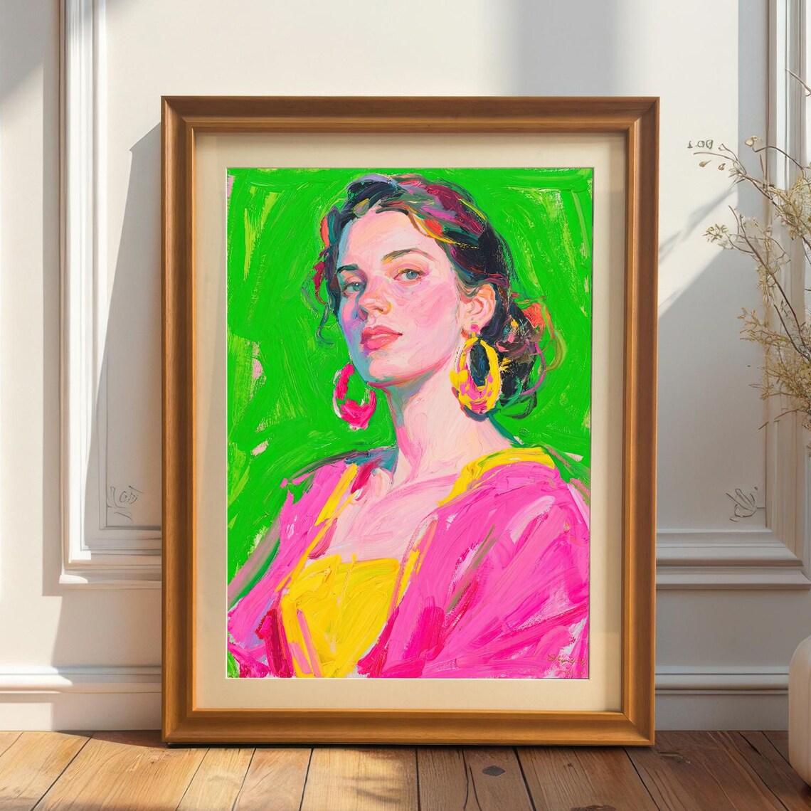 Bold Pink and Green Portrait of Woman With Hoop Earrings Poster