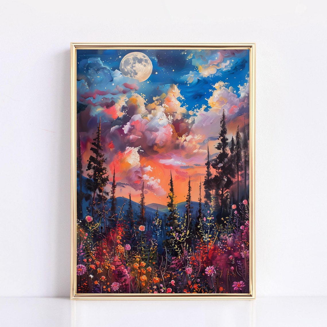 Colorful Moonlit Wildflowers Painting Forest Pines Night Sky Poster