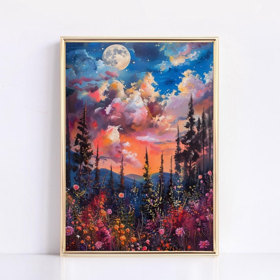 Colorful Wildflowers In Moonlight Painting Wall Art Moody Print Romantic Flower Painting Dark Cottagecore Wall Art Moody Whimsigoth Decor