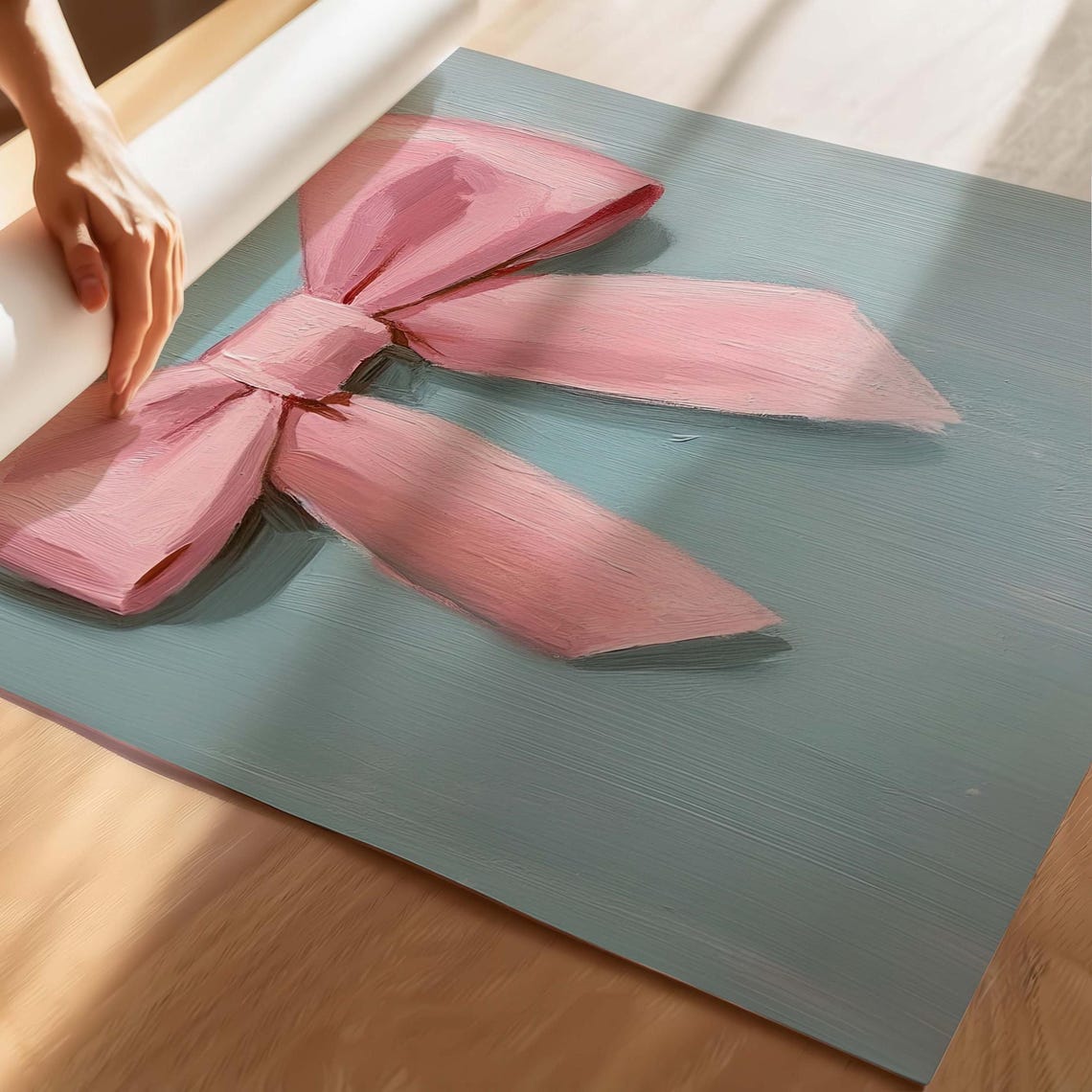 Pink Ribbon Bow on Dusty Blue Coquette Minimalist Wall Poster - Image 2