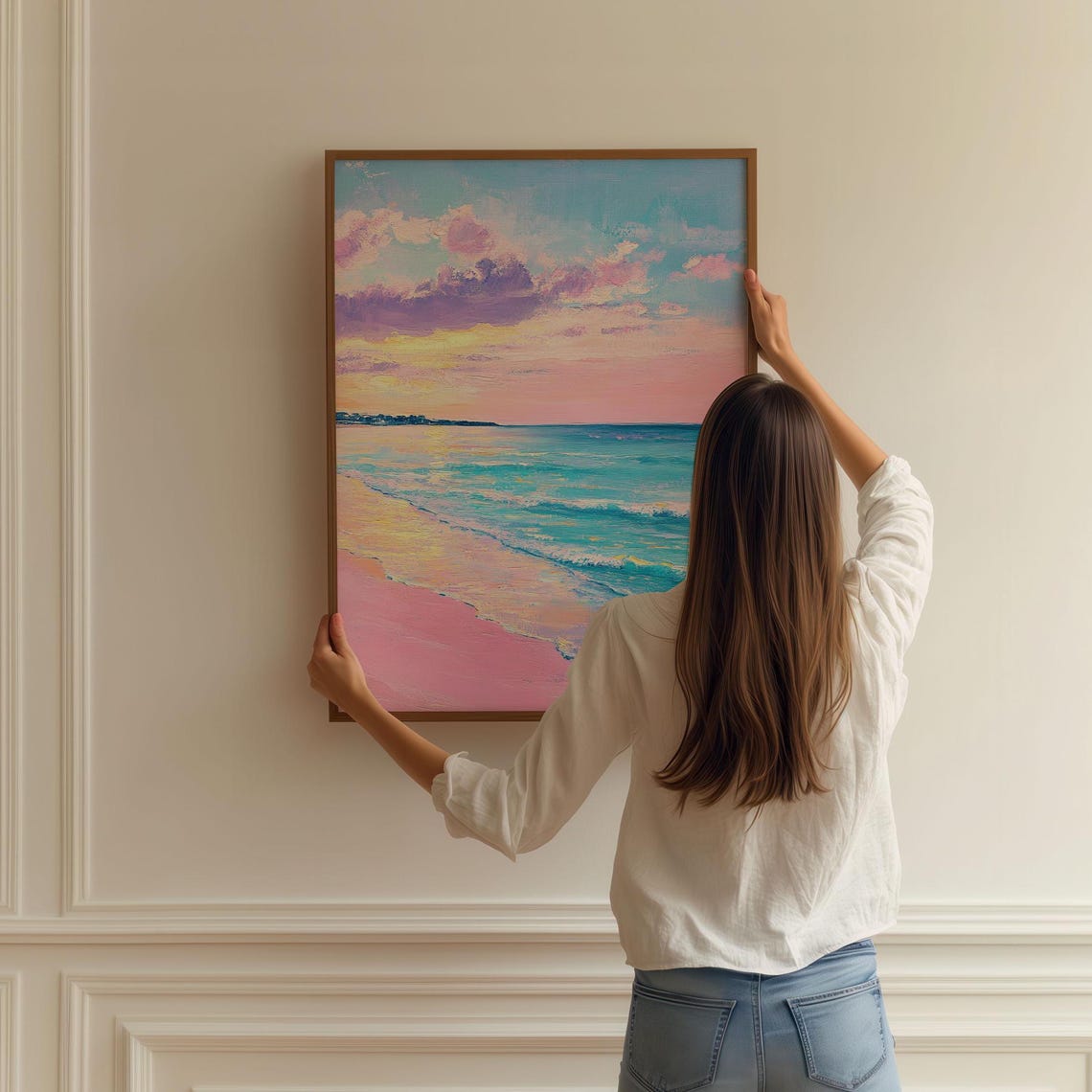 Pastel Beach Sunset Painting Pink Sand Turquoise Waves Art Poster - Image 2