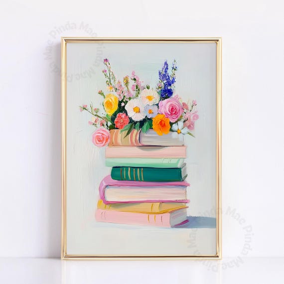Stack Of Books With Flowers Painting Cute Book Lover Print Pastel Spring Home Decor Colorful Trendy Wall Art Gift For Bookworm