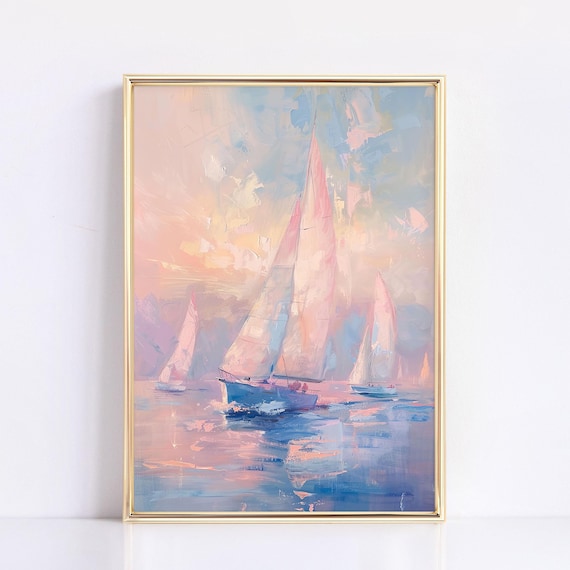 Pastel Impressionist Sailboat Sunset Seascape Oil Painting Poster