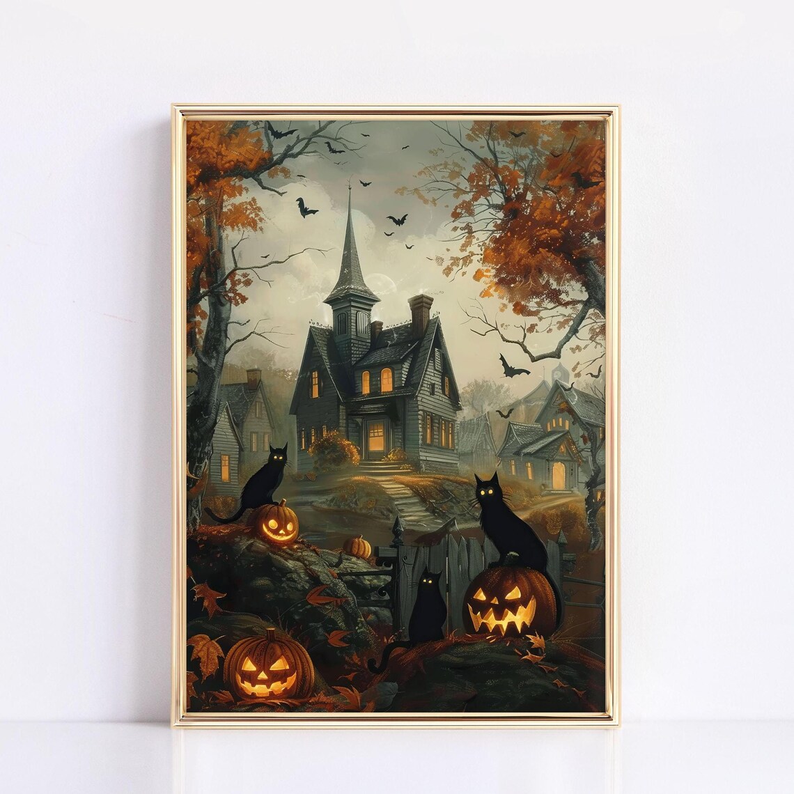 Black Cats Haunted House Halloween Painting Pumpkins Bats Vintage Poster