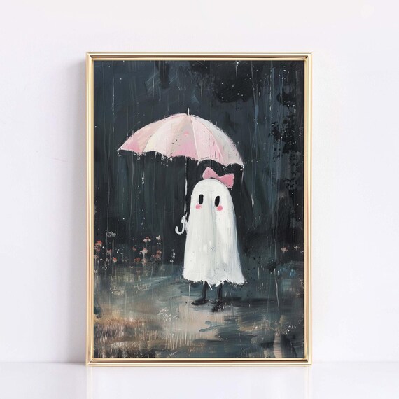 Girly Ghost In Rain Painting Coquette Fall Decor Cute Spookie Pink Halloween Print Dark Ghost With Ribbon Print Pink Bow Autumn Home Decor