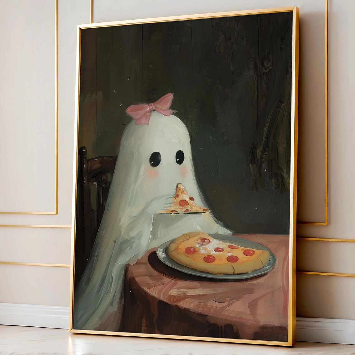 Ghost With Ribbon Eating Pizza Halloween Art Print