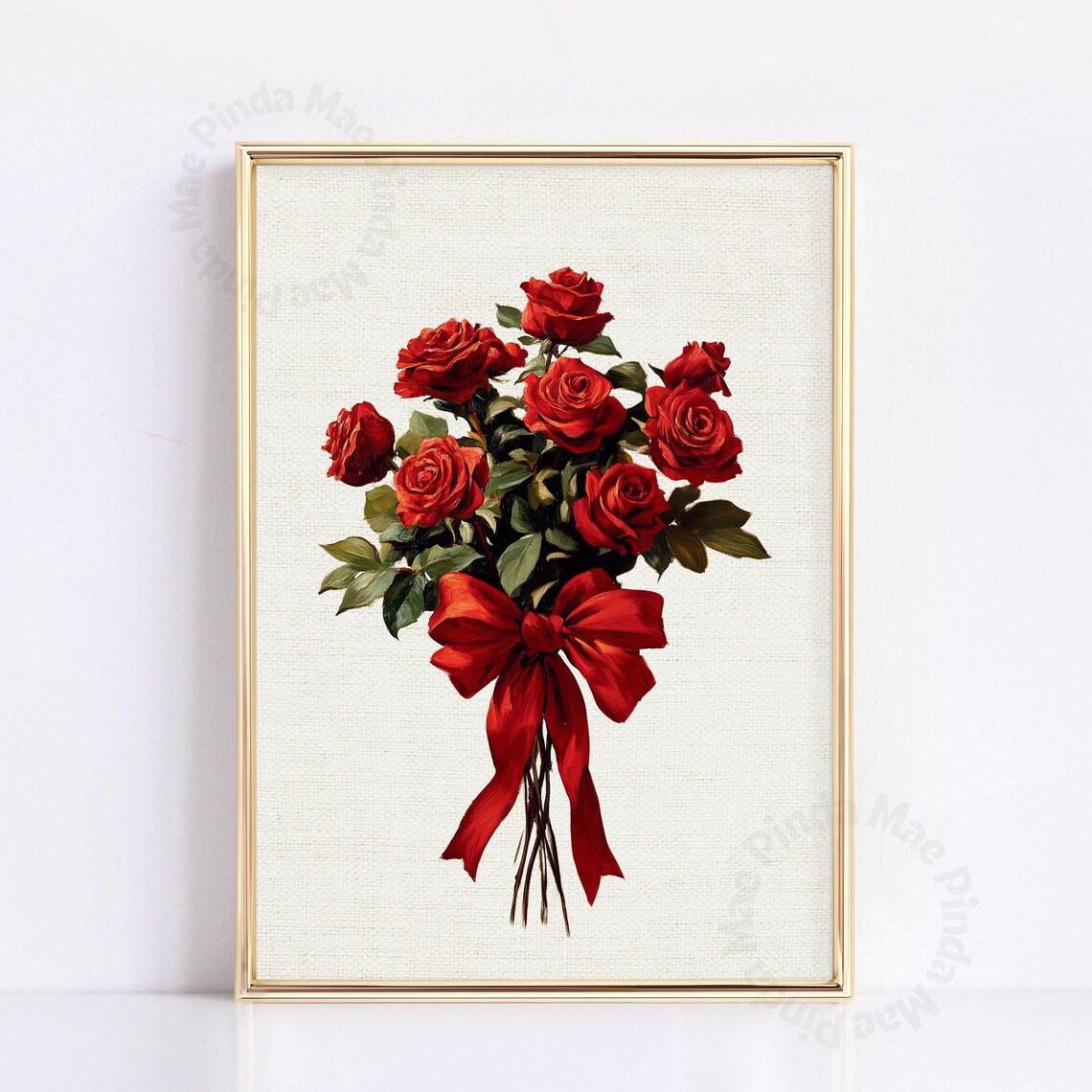 Red Roses Bouquet With Satin Bow Vintage Floral Canvas Art Poster
