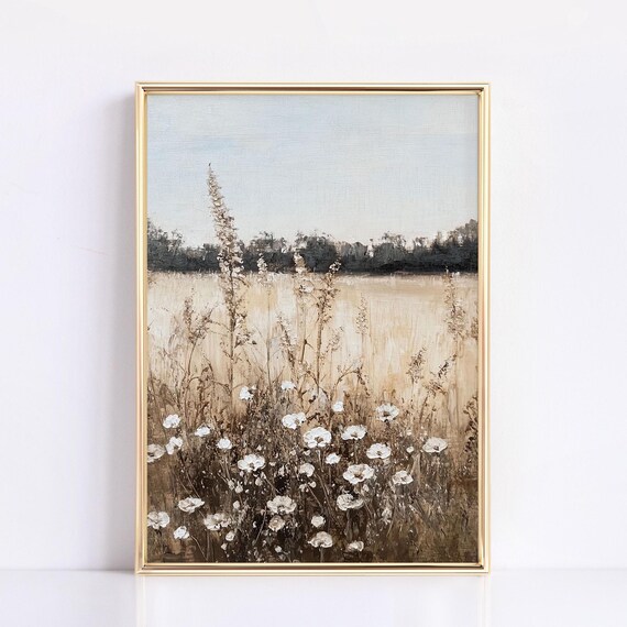Sunlit Meadow of White Wildflowers Under a Pale Blue Sky Poster