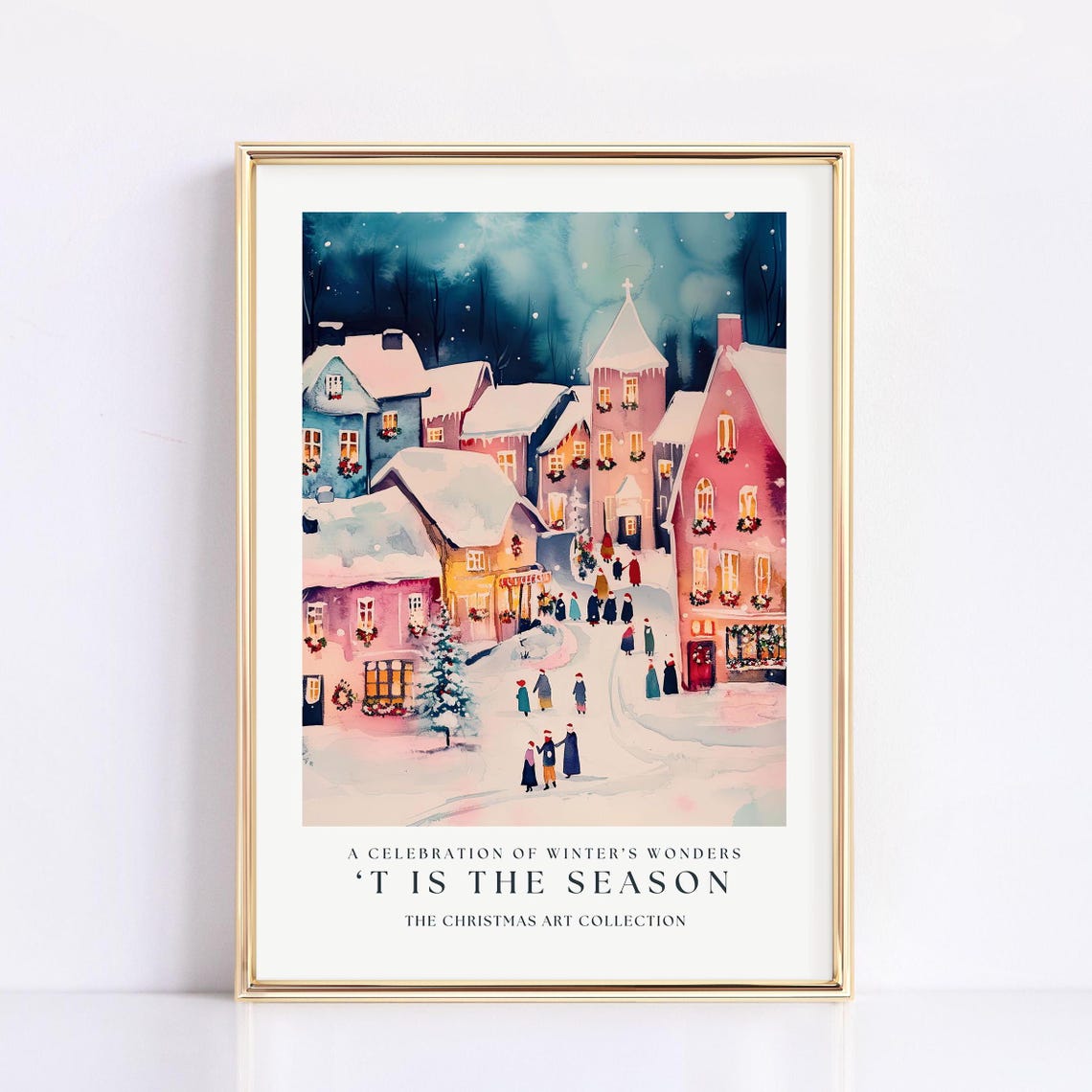 Pink Christmas Village Wall Art Watercolor Christmas Print Pastel Christmas Art Winter Village Print Watercolor Holiday Wall Art