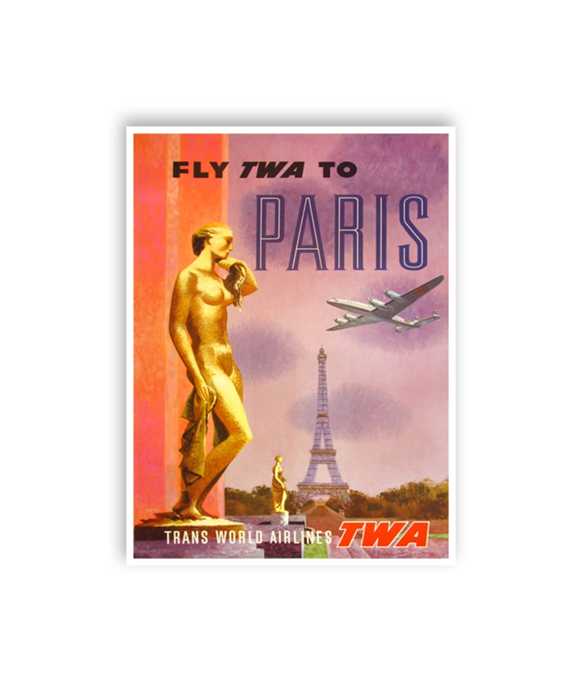 Fly TWA to Paris Golden Statue Eiffel Tower Vintage Travel Poster