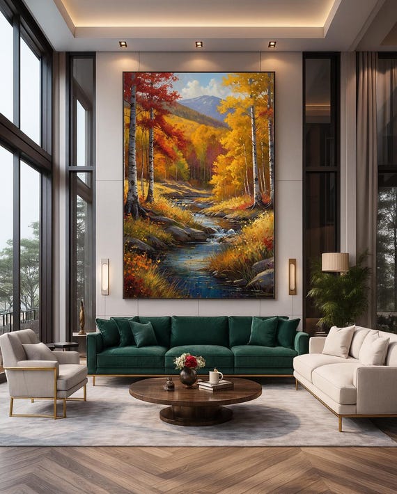 Golden Autumn Forest Stream Birch Trees Mountain Valley Oil Painting Print