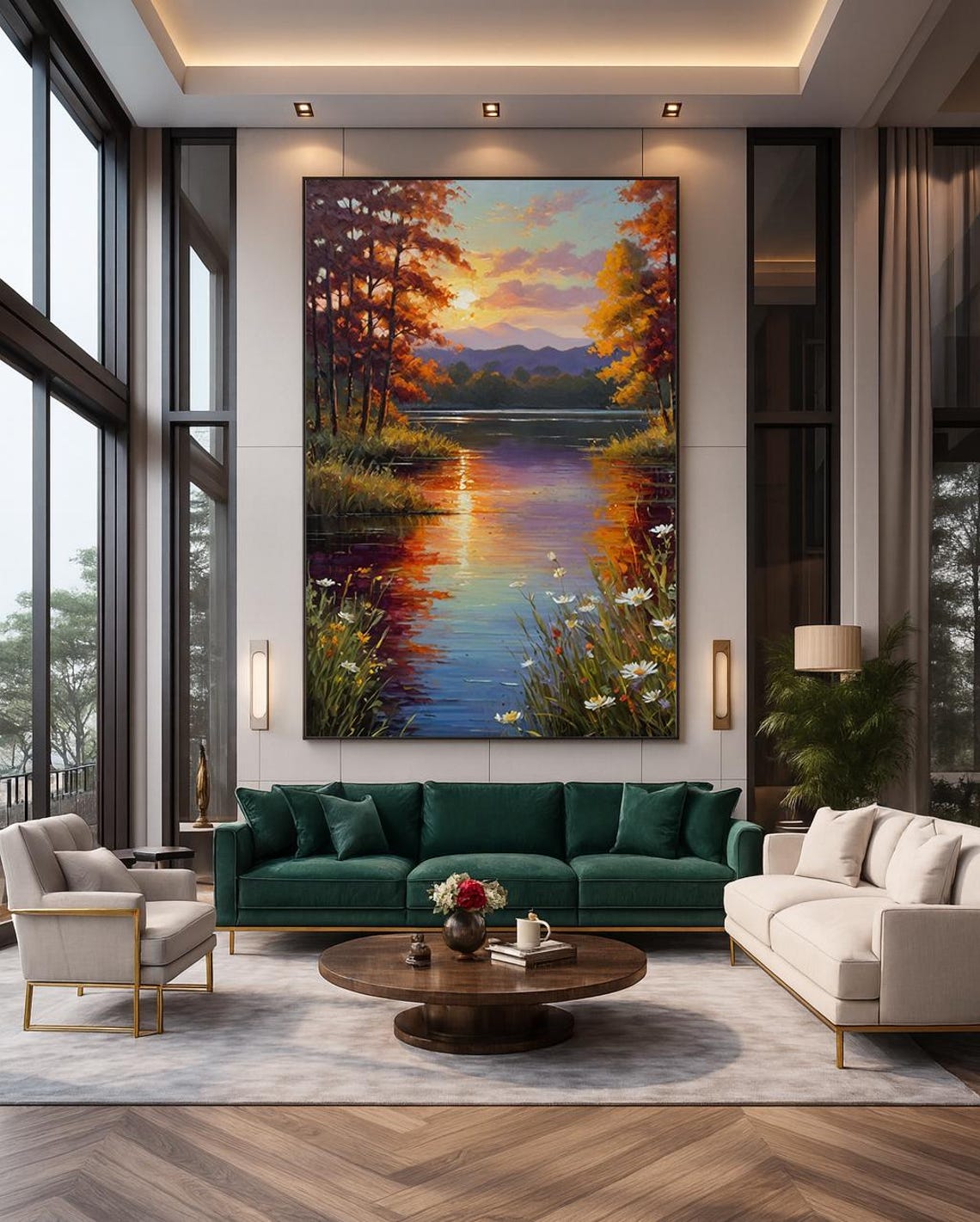 Autumn River Landscape Golden Aspen Sunset Wildflowers Oil Painting Print