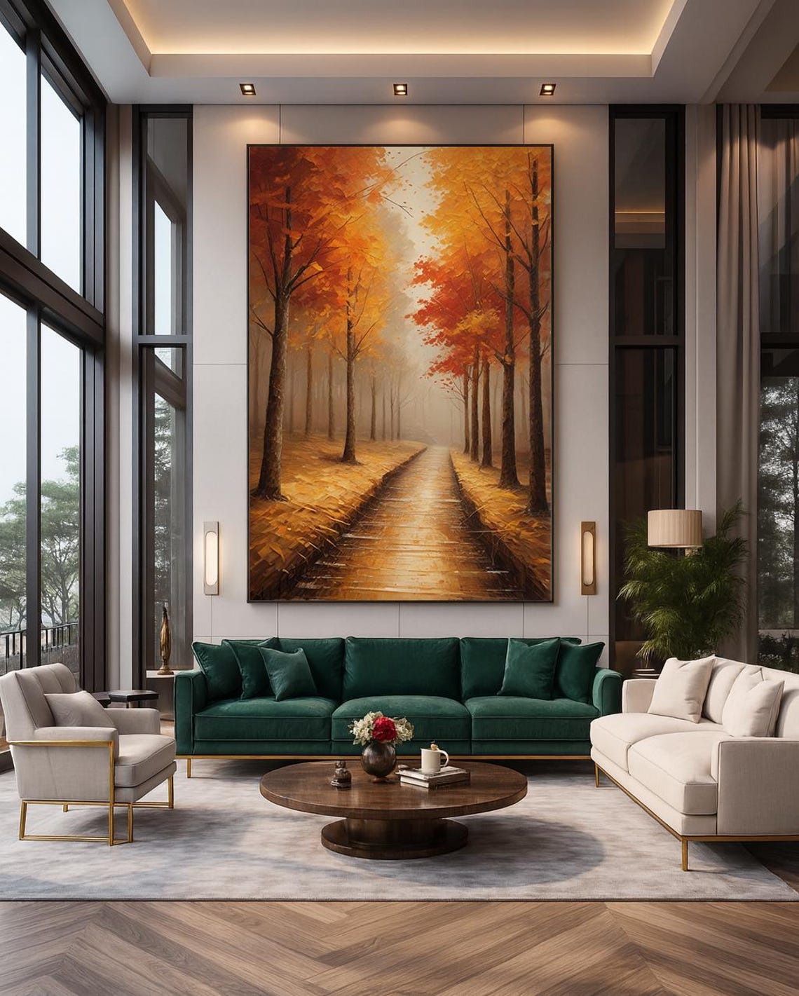 Golden Autumn Forest Pathway Misty Amber Trees Fall Oil Painting Print