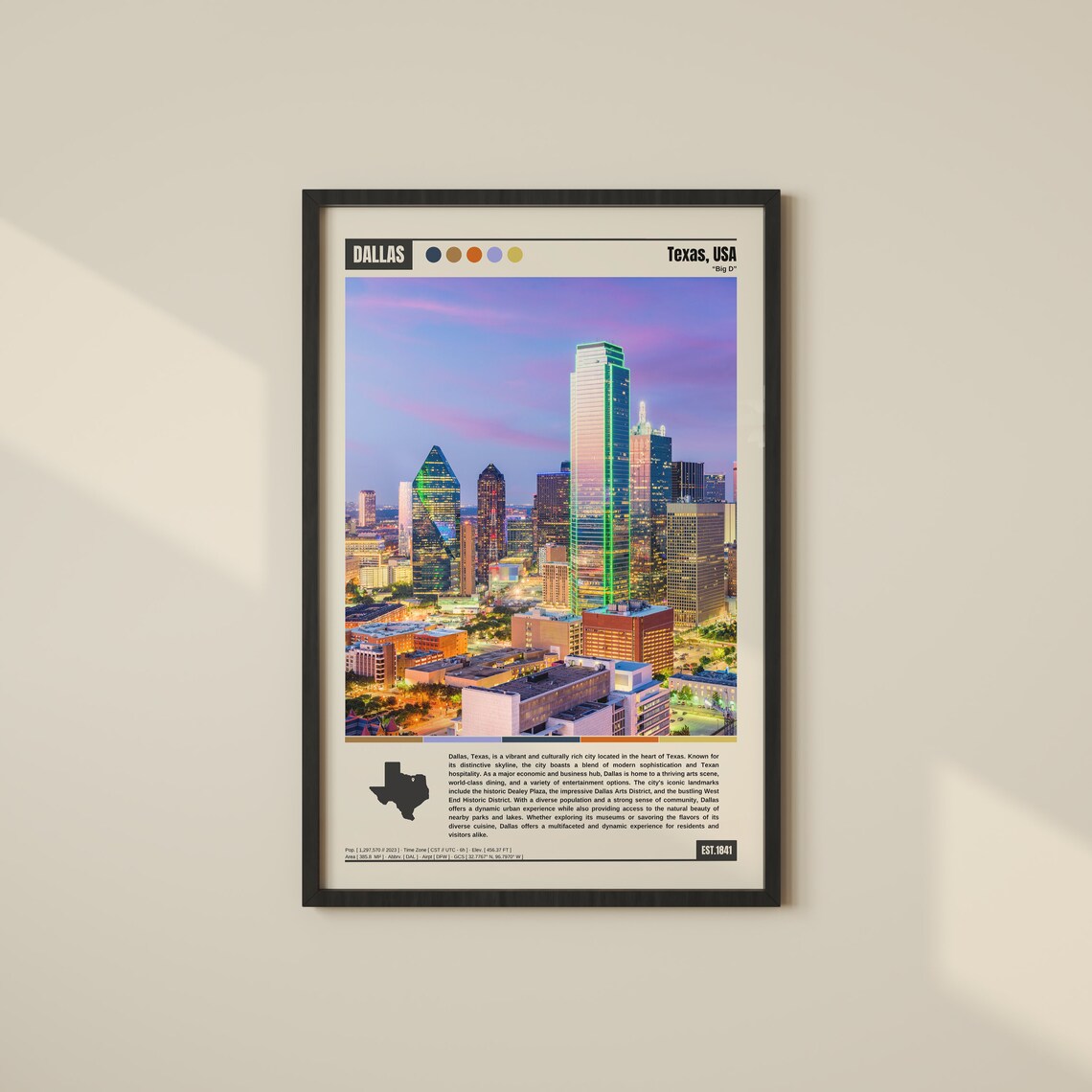 Dallas Travel Poster, Skyline Map Art Print, Texas