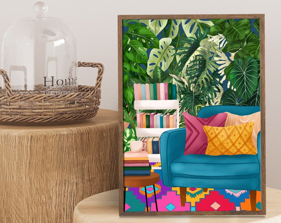 Reading Nook with Teal Armchair and Monstera Leaf Wall Poster - Image 3