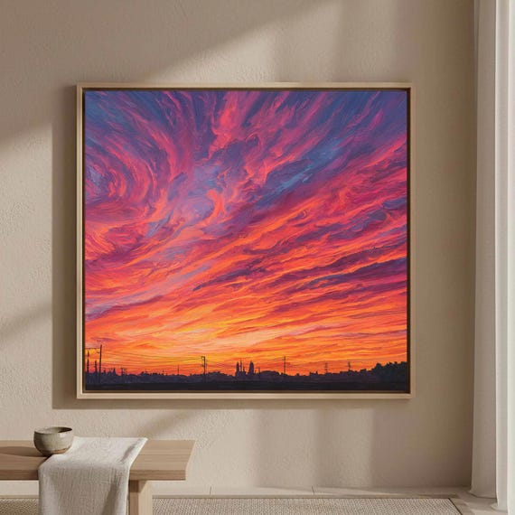 Vibrant Sunset Sky Canvas Wall Art Urban Silhouette Print