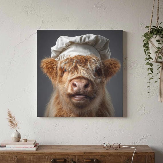 Highland Cow Chef Canvas Print Funny Kitchen Wall Art